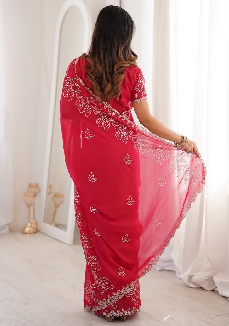 Pink Embellished Georgette Saree Set - Indya