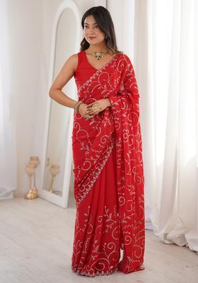 Red Embellished Georgette Saree Set