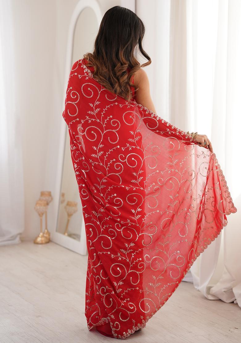 Red Embellished Georgette Saree Set - Indya