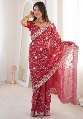 Pink Embellished Georgette Saree Set