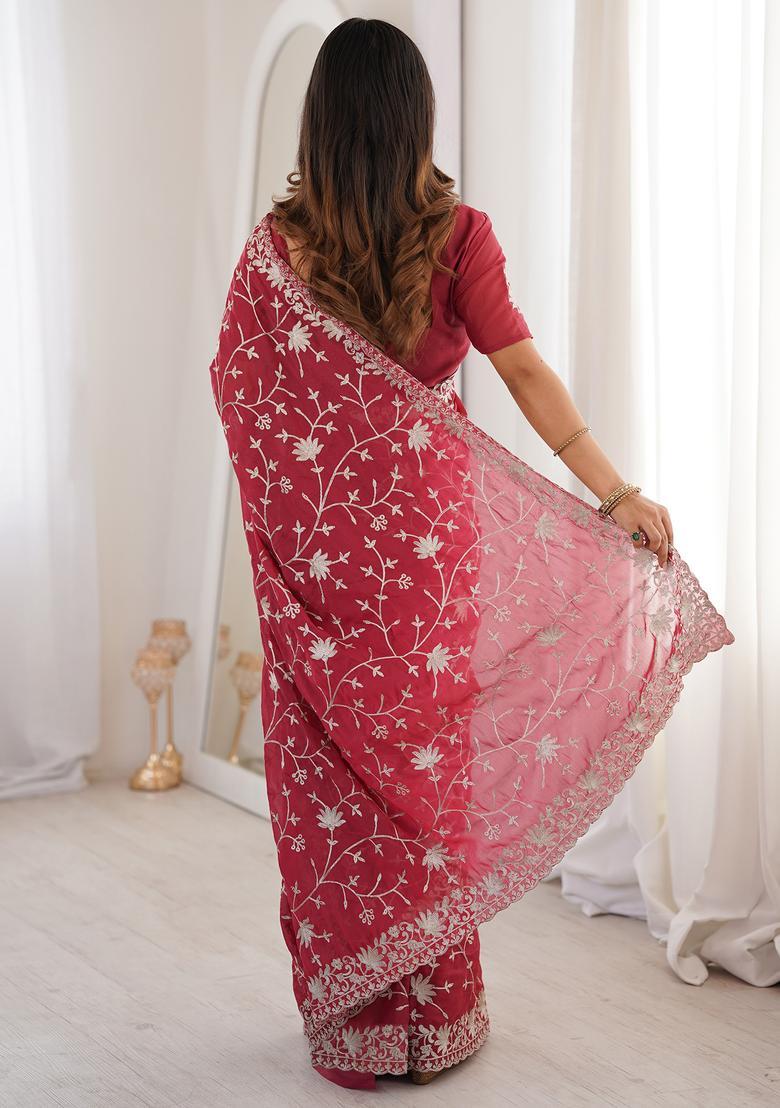 Pink Embellished Georgette Saree Set - Indya