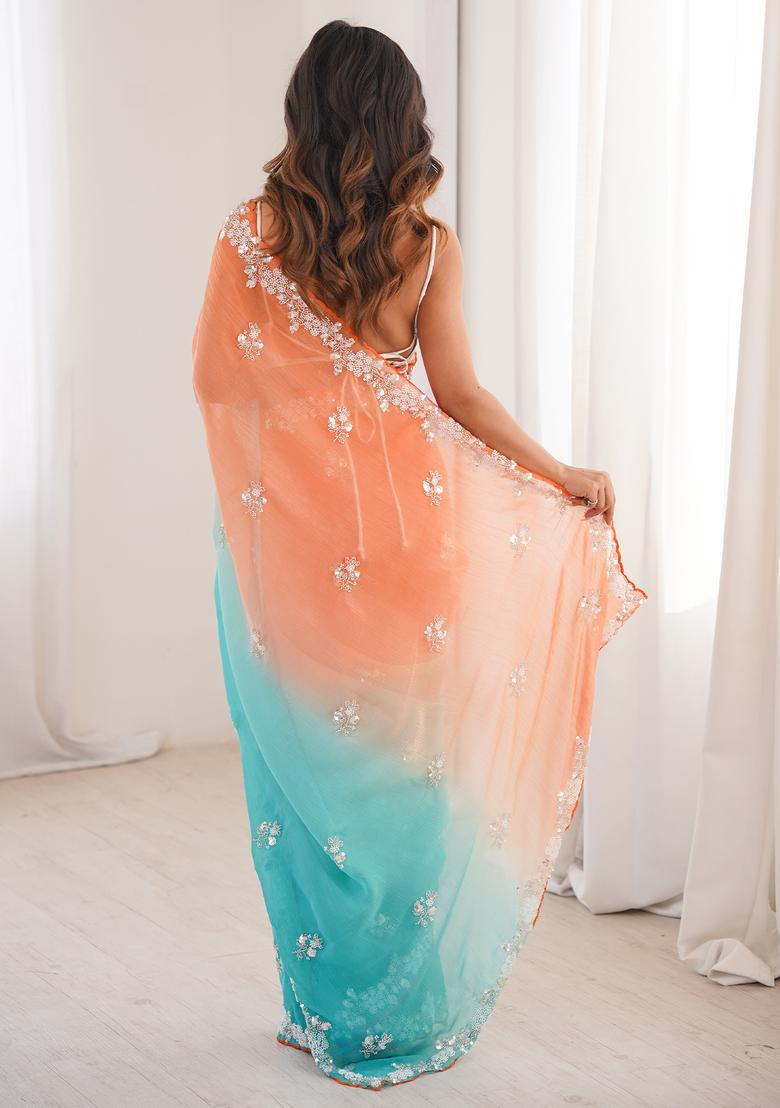 Orange Embellished Chiffon Saree Set - Indya