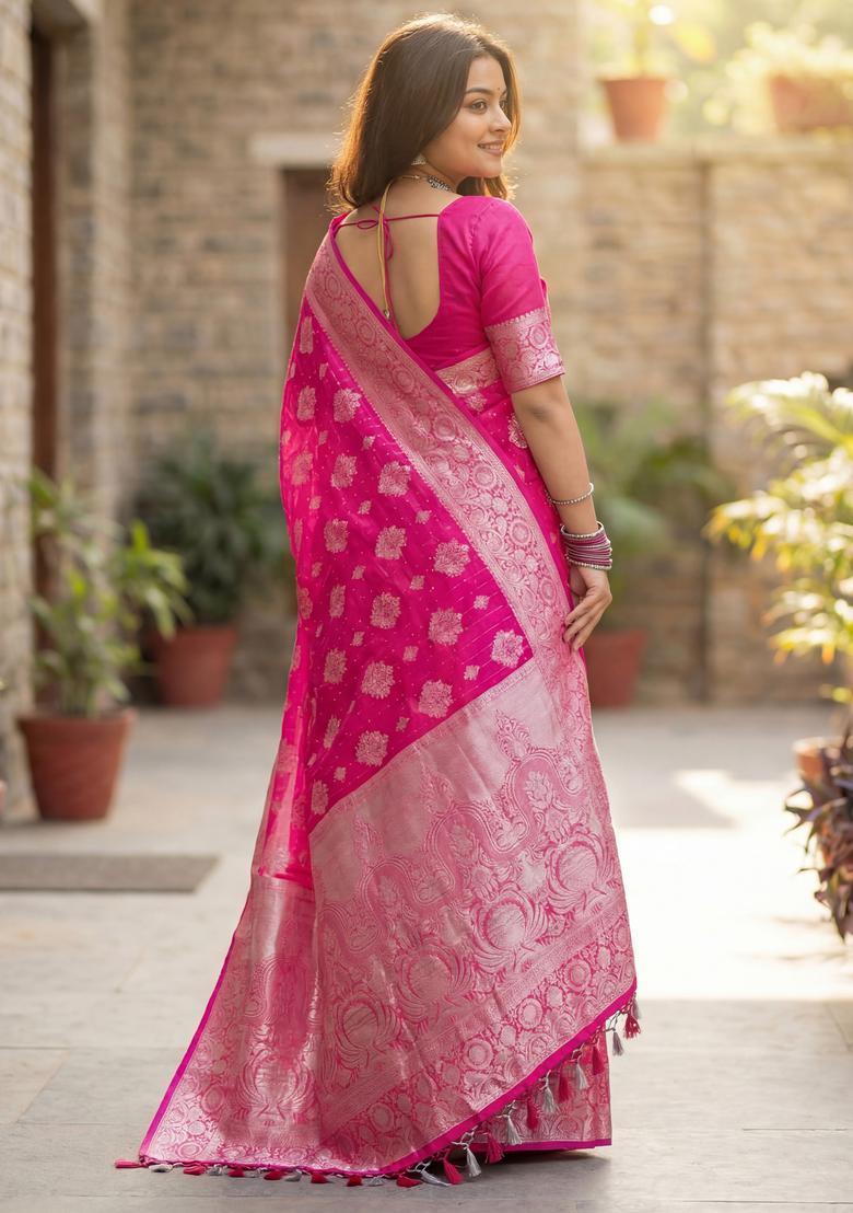 Pink Printed Georgette Saree Set - Indya