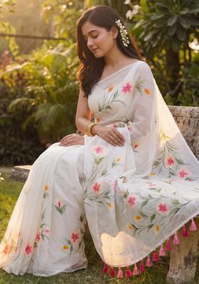 White Printed Chinon Saree Set
