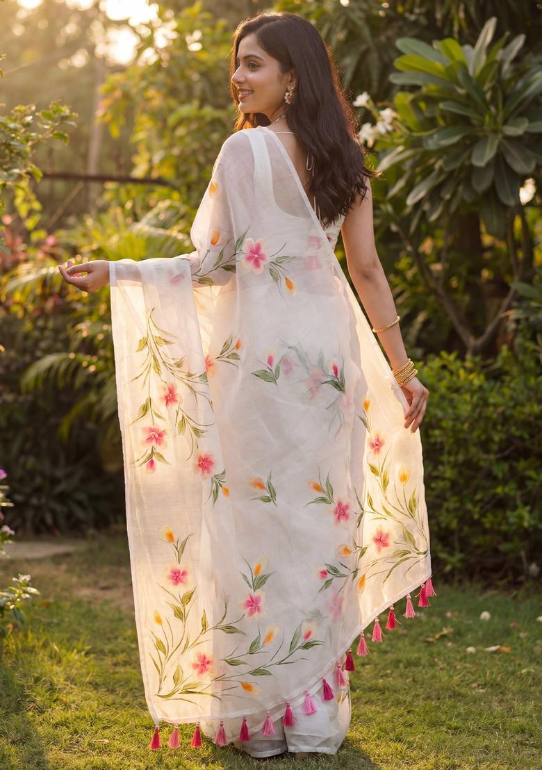 White Printed Chinon Saree Set - Indya