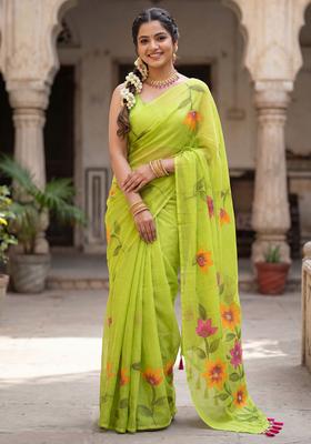 Light Green Printed Chinon Saree Set