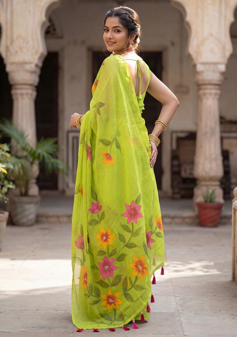 Light Green Printed Chinon Saree Set - Indya