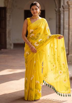 Yellow Printed Chinon Saree Set