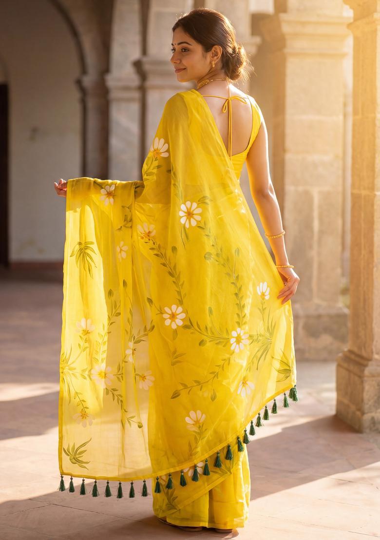Yellow Printed Chinon Saree Set - Indya