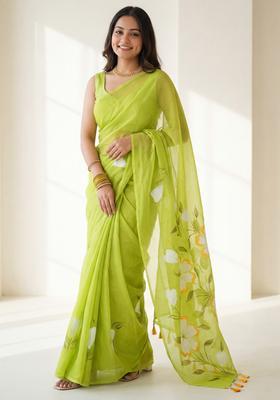 Light Green Printed Chinon Saree Set