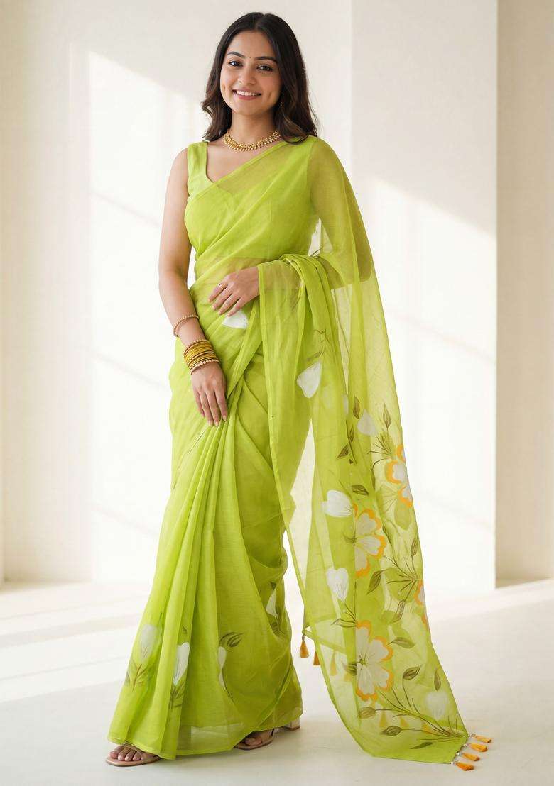 Light Green Printed Chinon Saree Set for Diwali and Festive Wear - Indya