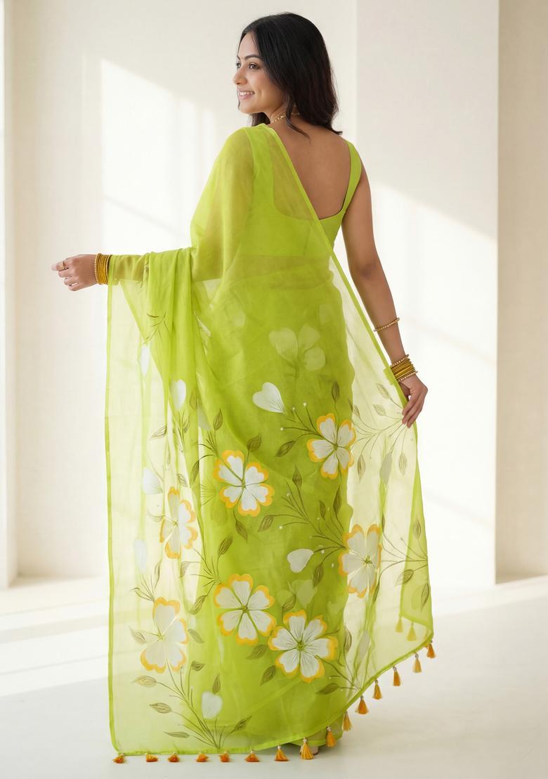 Light Green Printed Chinon Saree Set - Indya