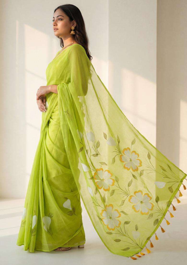 Light Green Printed Chinon Saree Set for Diwali and Festive Wear - Indya