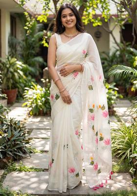 White Printed Chinon Saree Set