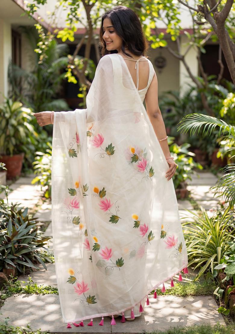 White Printed Chinon Saree Set - Indya