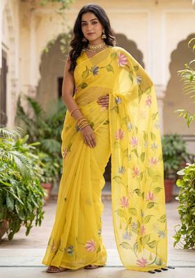Yellow Printed Chinon Saree Set