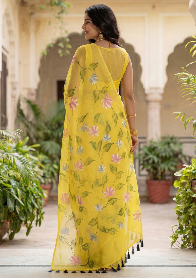 Yellow Printed Chinon Saree Set - Indya
