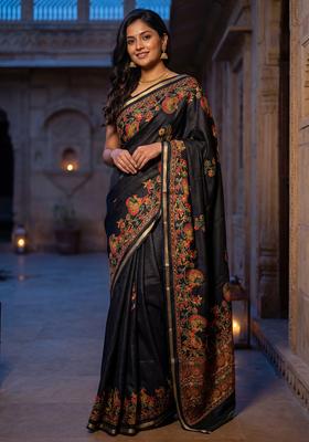 Black Printed Chiffon Saree Set