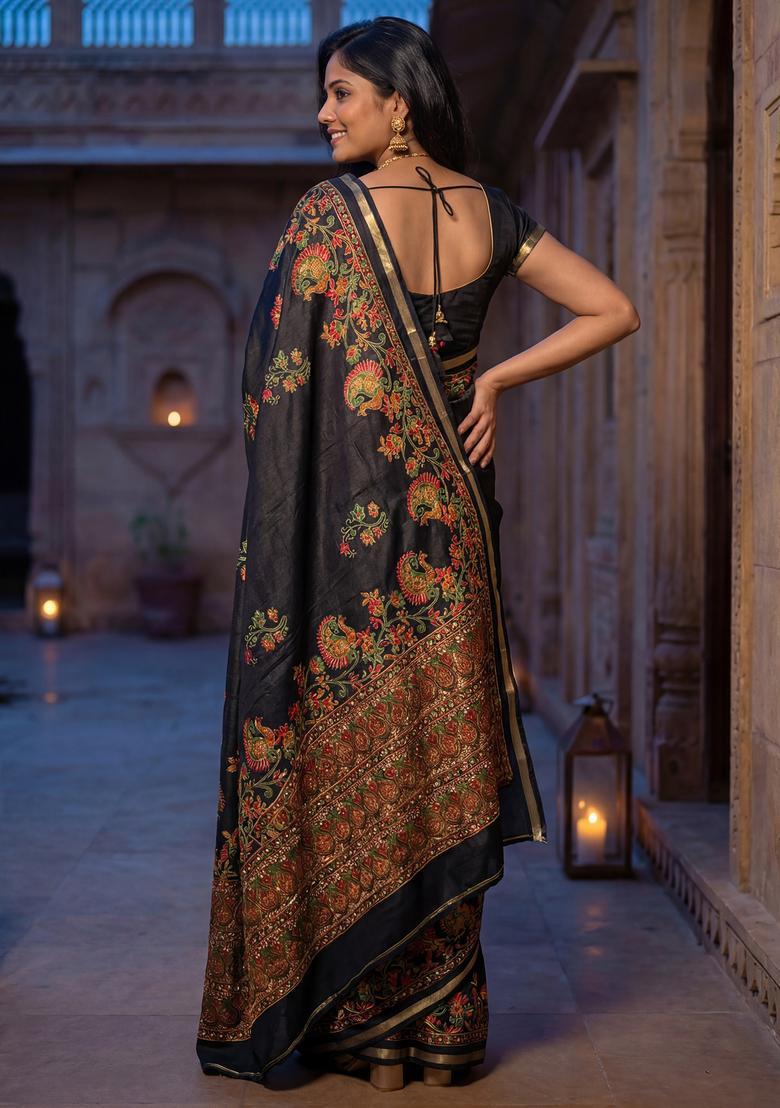 Black Printed Chiffon Saree Set - Indya