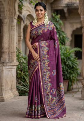 Purple Printed Chiffon Saree Set