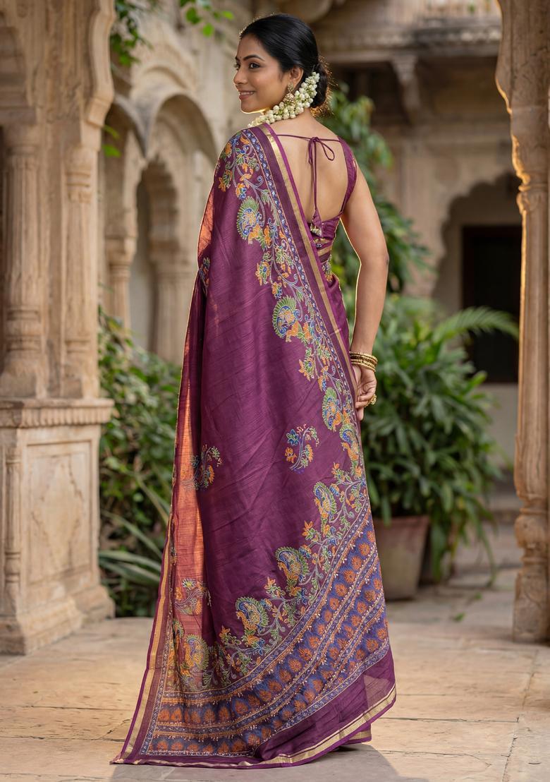 Purple Printed Chiffon Saree Set - Indya
