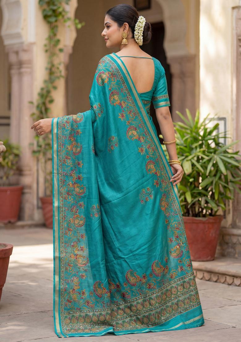 Light Blue Printed Chiffon Saree Set - Indya