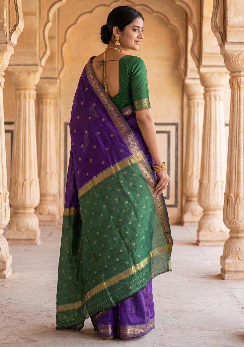 Purple Printed Chiffon Saree Set - Indya