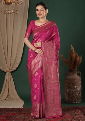 Pink Woven Design Silk Saree Set