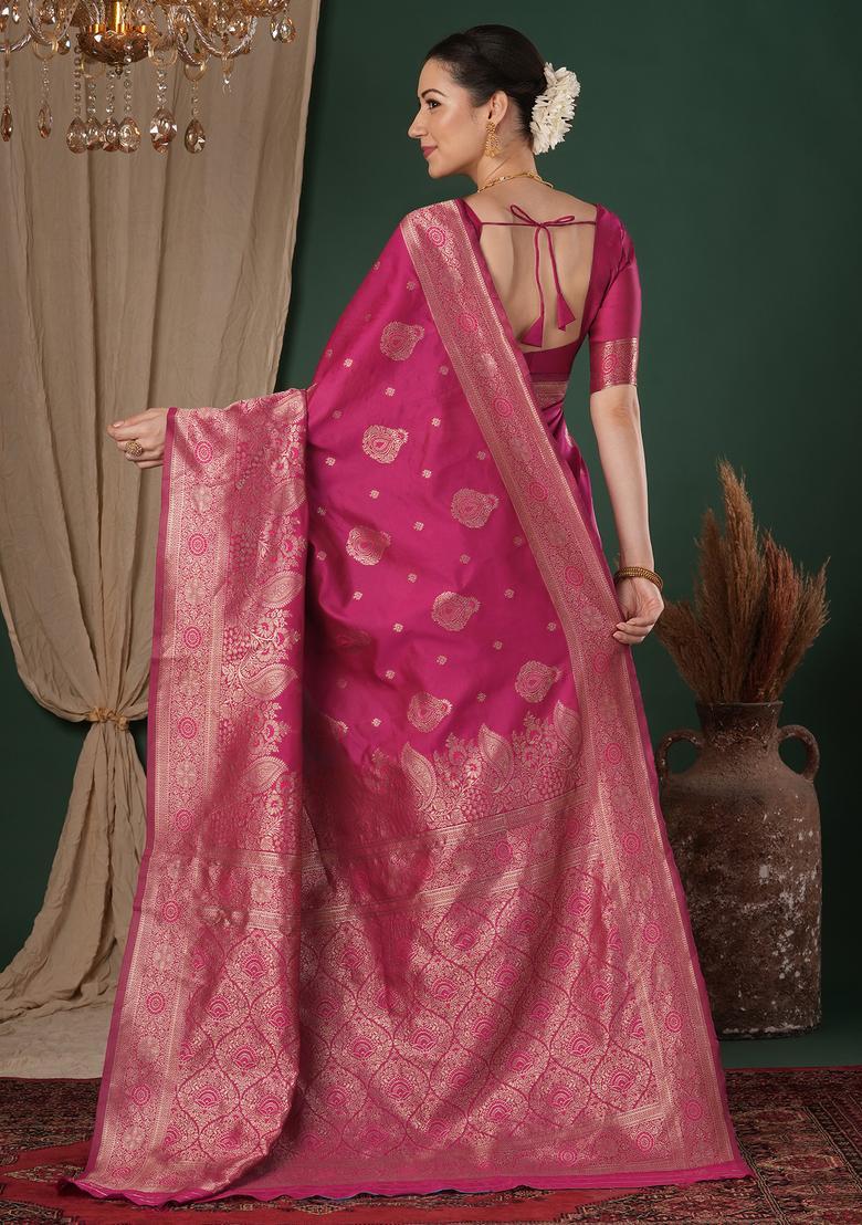 Pink Woven Design Silk Saree Set - Indya