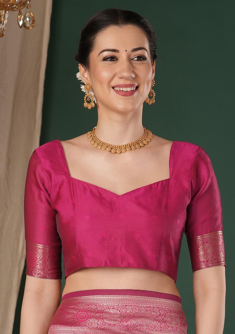 Pink Woven Design Silk Saree Set - Indya