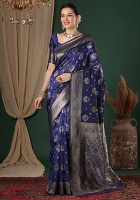 Navy Blue Woven Design Silk Saree Set