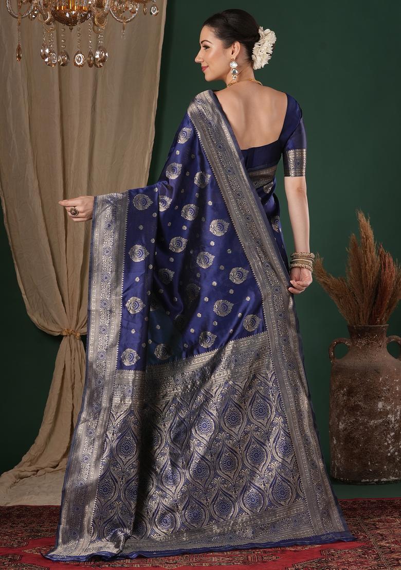 Navy Blue Woven Design Silk Saree Set - Indya