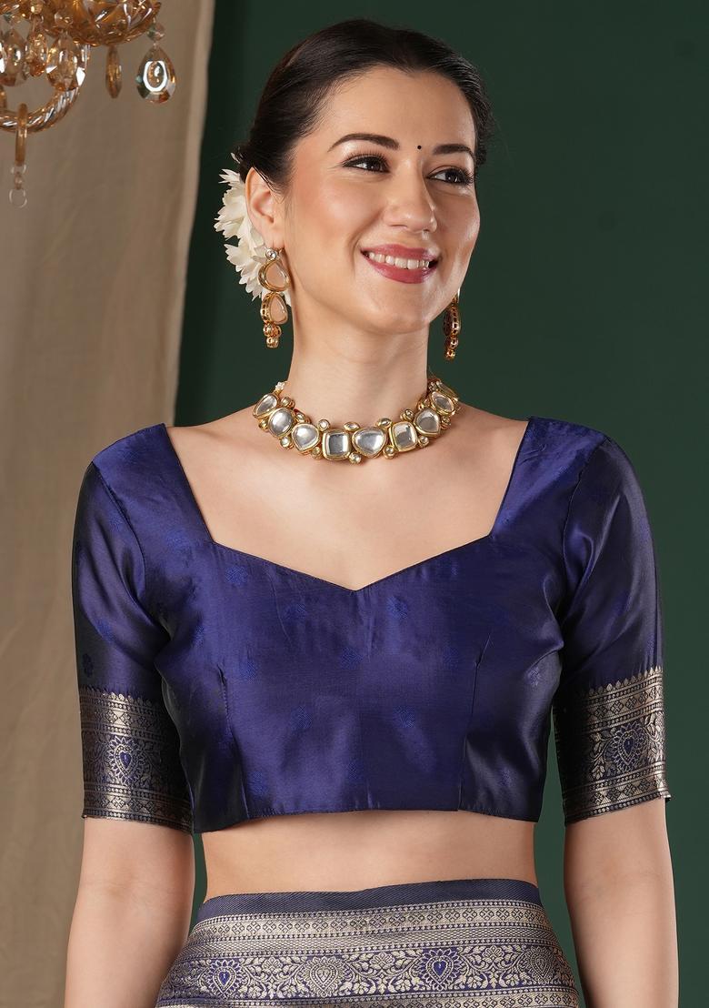 Navy Blue Woven Design Silk Saree Set - Indya