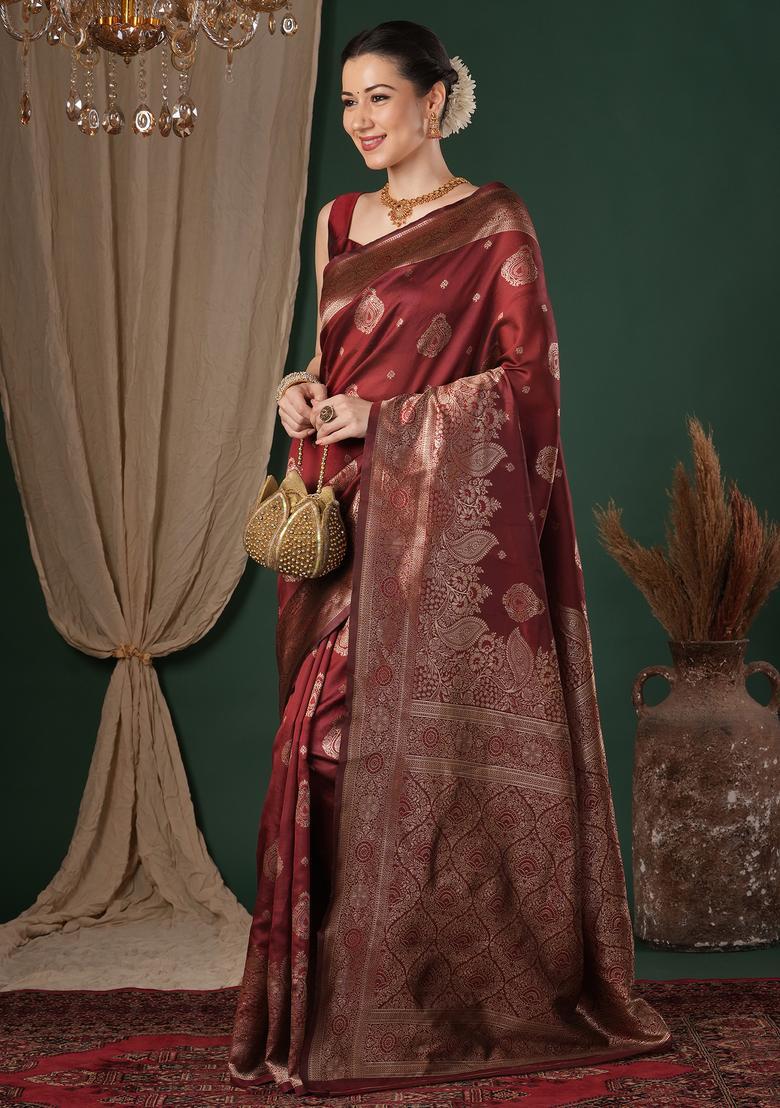 Maroon Woven Design Silk Saree Set - Indya