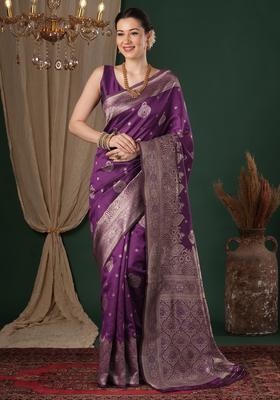 Purple Woven Design Silk Saree Set