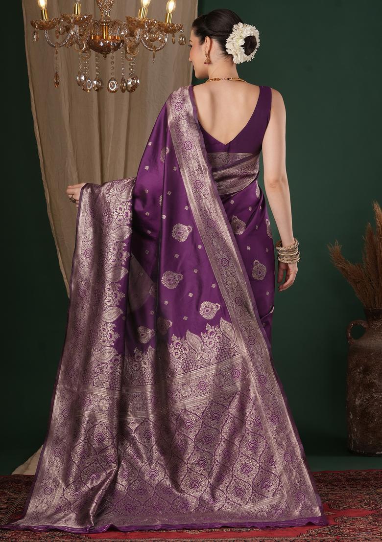 Purple Woven Design Silk Saree Set - Indya