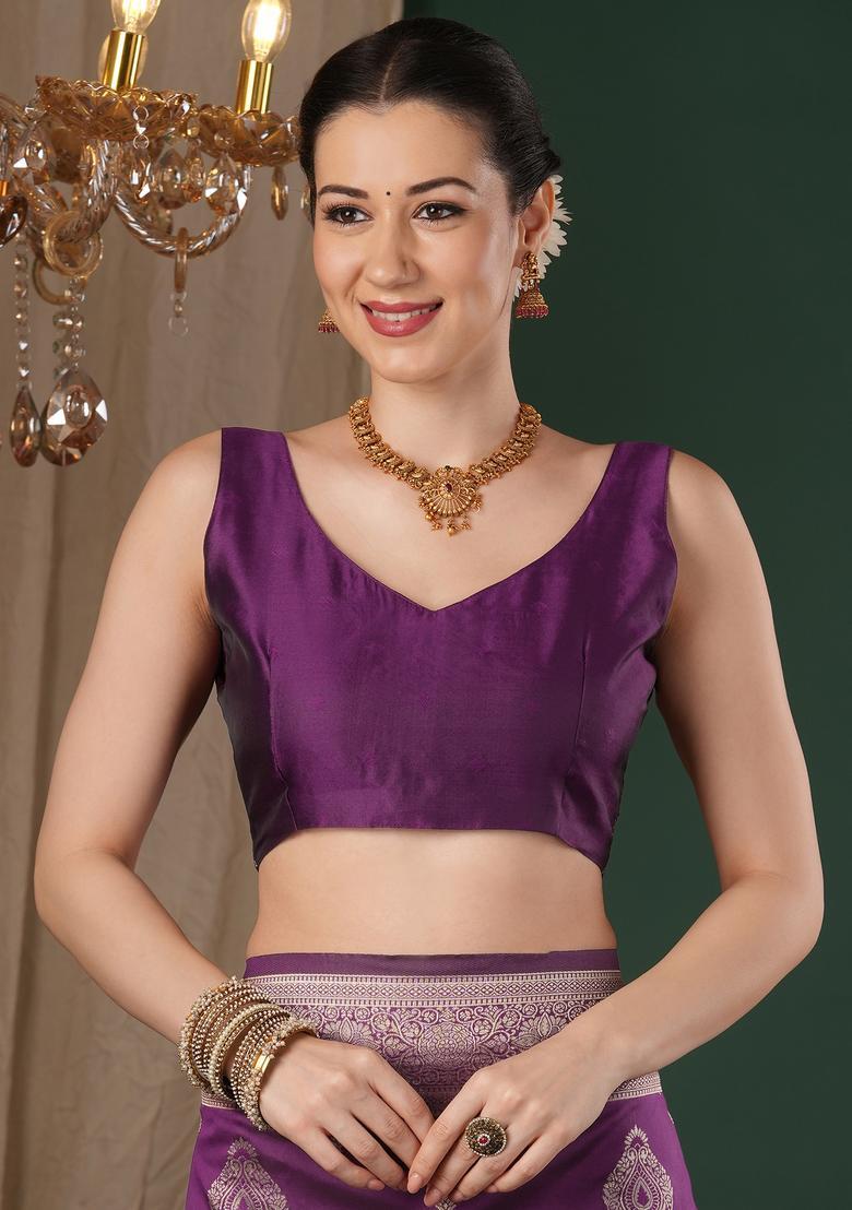 Purple Woven Design Silk Saree Set - Indya