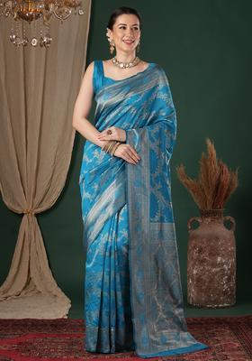 Light Blue Woven Design Silk Saree Set