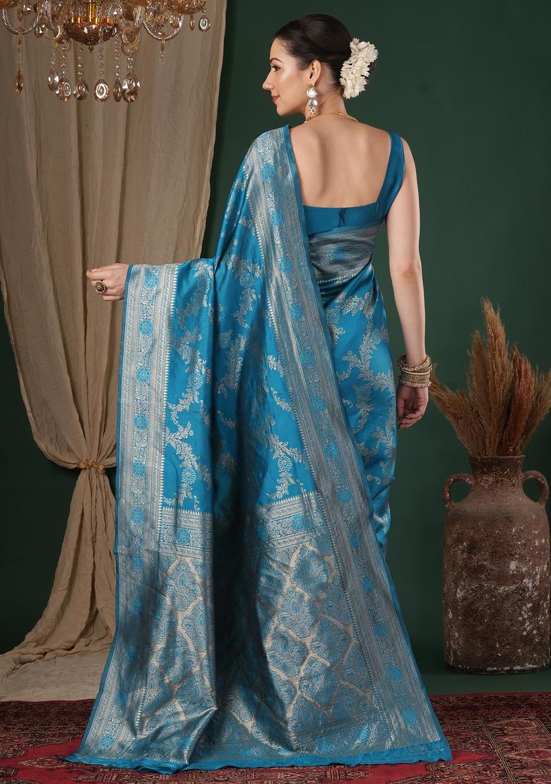 Light Blue Woven Design Silk Saree Set - Indya