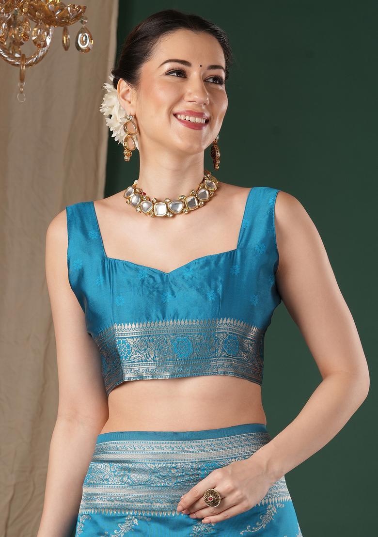 Light Blue Woven Design Silk Saree Set - Indya