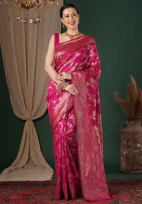 Pink Woven Design Silk Saree Set
