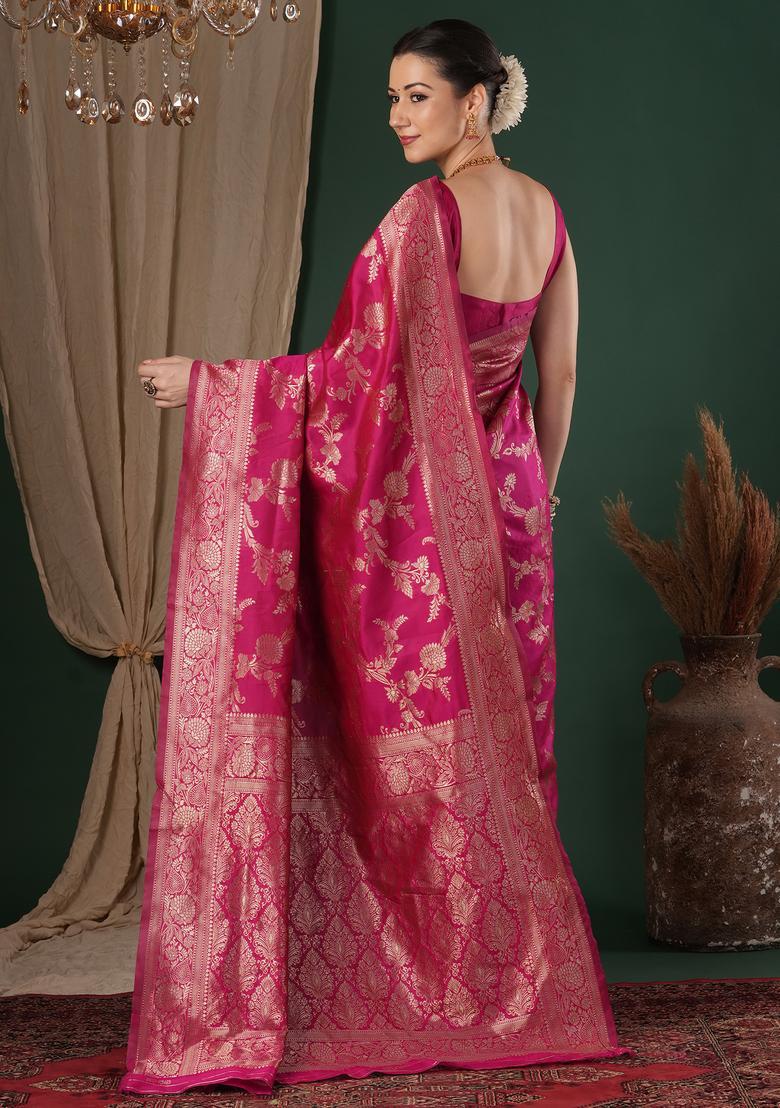 Pink Woven Design Silk Saree Set - Indya