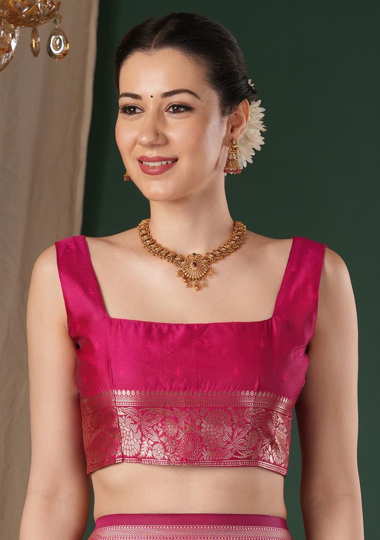 Pink Woven Design Silk Saree Set - Indya