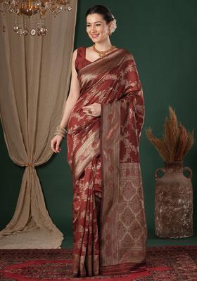 Maroon Woven Design Silk Saree Set