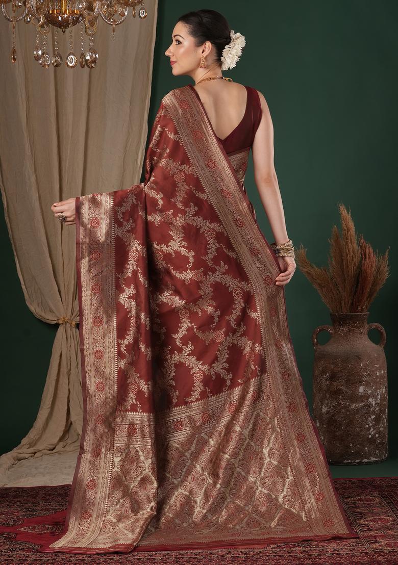 Maroon Woven Design Silk Saree Set - Indya