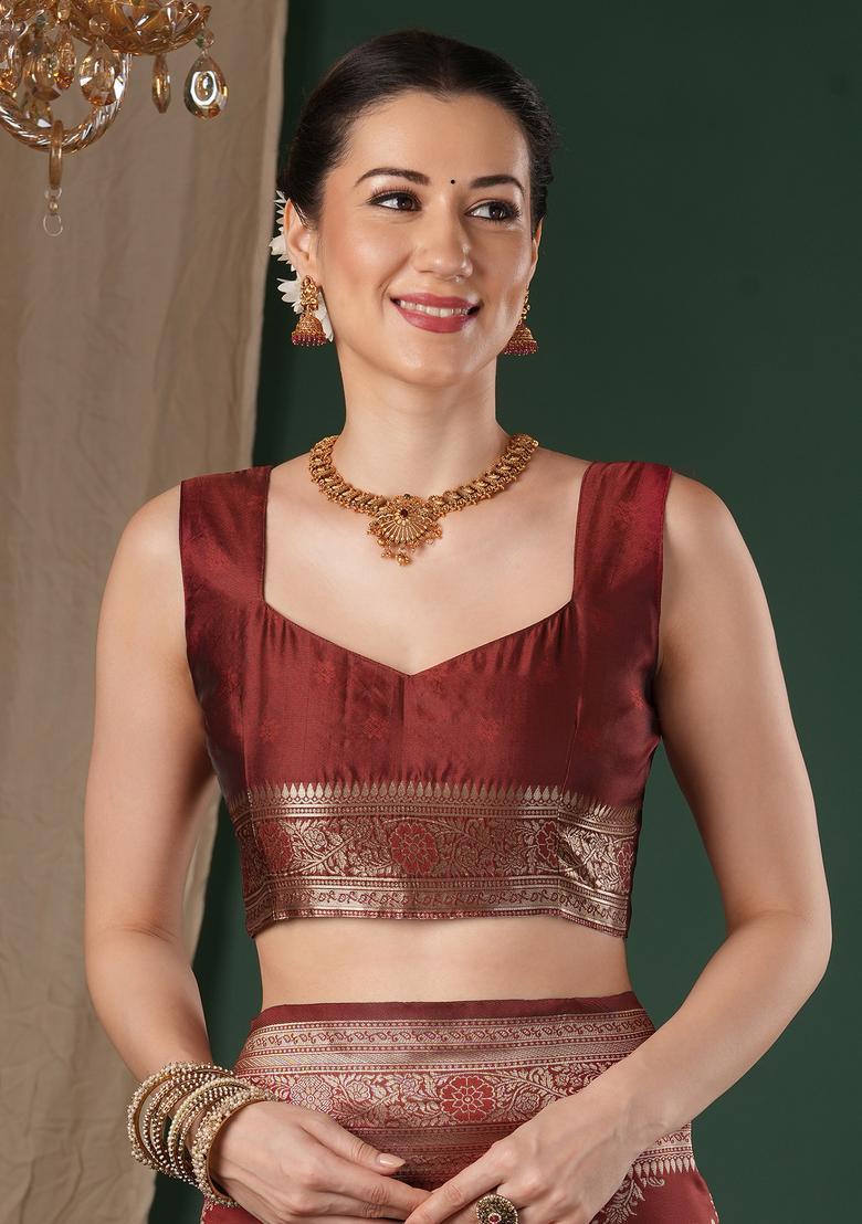 Maroon Woven Design Silk Saree Set - Indya