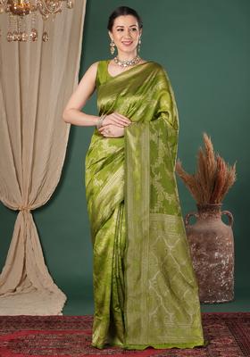 Olive Woven Design Silk Saree Set