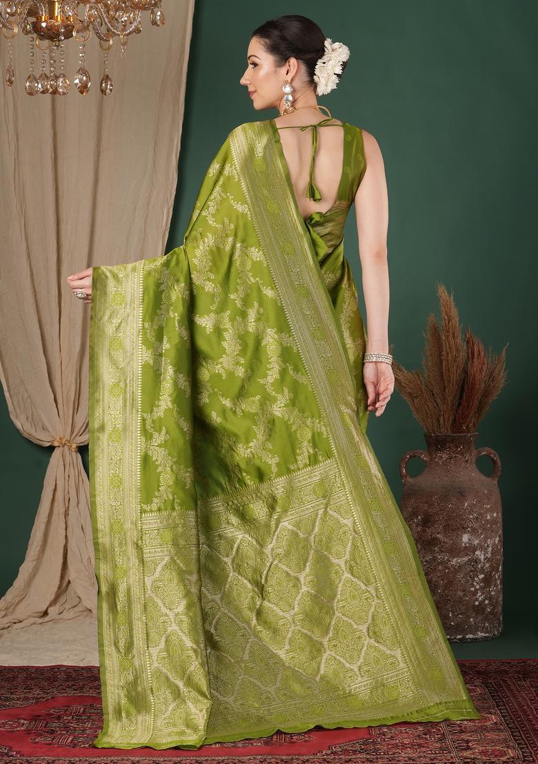 Olive Woven Design Silk Saree Set - Indya