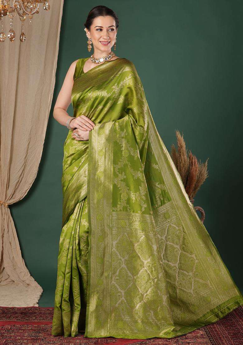 Olive Woven Design Silk Saree Set for Diwali and Festive Wear - Indya