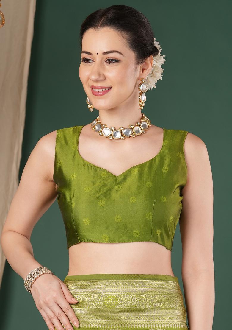 Olive Woven Design Silk Saree Set - Indya